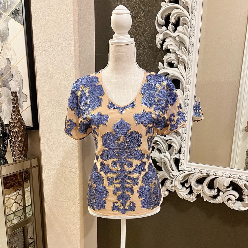 TRACY REESE for TARGET Blue/ Beige Sequins TOP XS